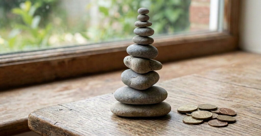 A cairn of ten smooth stones balanced on a weathered wooden table by a window, with a small scatter of coins beside it.