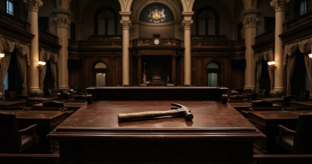 An empty legislative chamber in low light, rows of wooden desks receding toward a rostrum, with a worn claw hammer lying on the clerk's desk in the foreground.