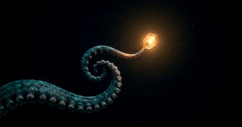 An octopus arm curling up out of darkness, reaching toward a small point of glowing light.