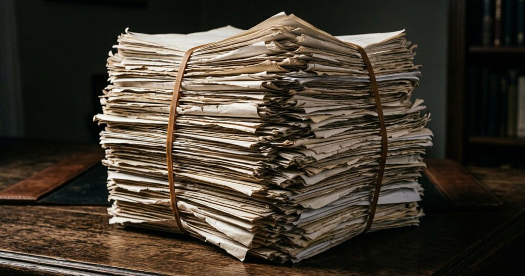A thick bundle of loose, worn paper sheets tied with cord, sitting on a dark wooden desk in low light.