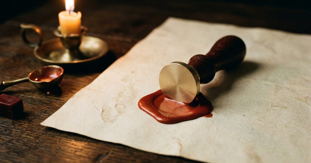 A brass seal stamp resting in a pool of dark red wax on a sheet of parchment, beside a lit candle and a wax-melting spoon on a wooden table.
